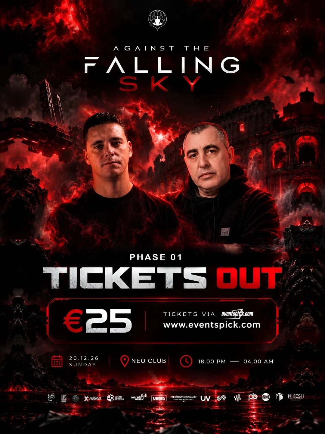 Against the Falling Sky flyer: Ruben Karapetyan & Daniel Dee. Phase 01 tickets out, €25 via eventspick.com. 20.12.26, Neo Club, Rome, 18:00–04:00.